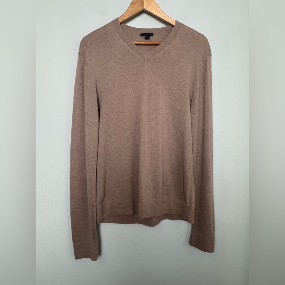 Theory Leiman V-Neck Cashmere Cotton‎ Blend Sweater Mens Small Brown Tan Nutmeg